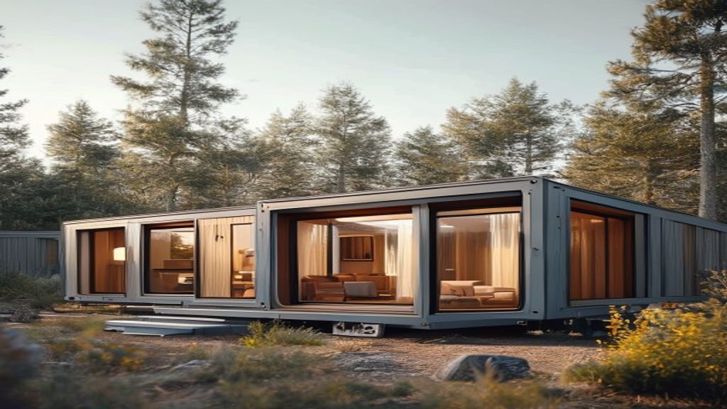 Modern modular cabins with wooden siding in a forest setting