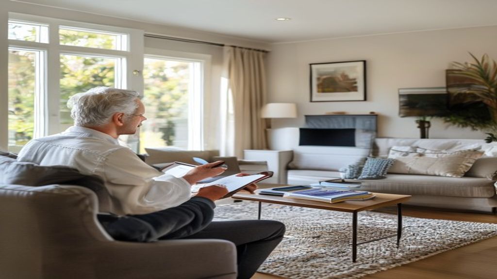 Appraiser reviewing a suburban house, blueprints and market data for residential property valuation